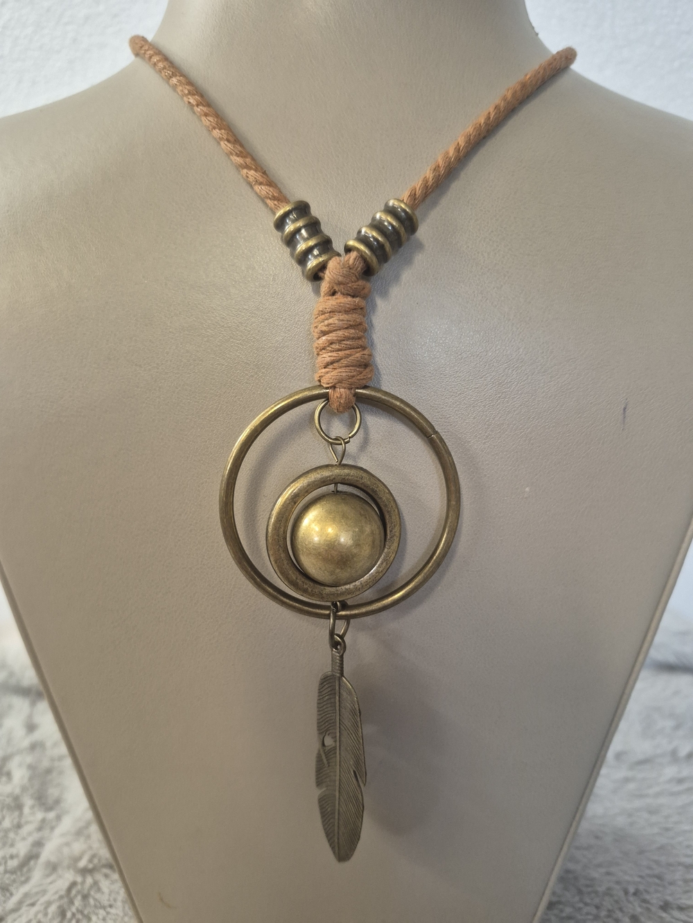 Vintage Boho Antique Gold Circle Pendant Necklace with Tan Cord 19 inches long